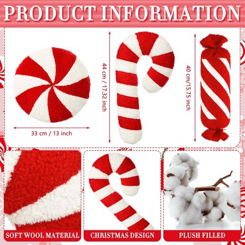 3 Pcs Christmas Pillows Decorative Throw Pillows Candy Merry Christmas Tree Stuffed Wool Soft Xmas Plush Cushion for Sofa Couch Bedroom Living Room(Red)