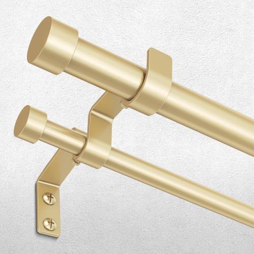 Gold Double Curtain Rod, Dual Curtain Rods with Aluminium Modern End Cap Finials Adjustable Heavy Duty Window Treatment Rods, Telescopic Metal Double Drapery Pole Set