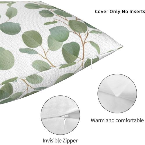 Spring Sage Green Leaf Pillow Covers 18x18 Inch Set of 2 Eucalyptus Floral Watercolor Throw Pillow Cover Grey Seafoam Leaves Square Pillowcase Cushion Cases for Home Couch Bed Sofa