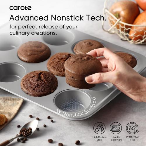 CAROTE 7-Piece Nonstick Stackable Baking Pans Set - Bakeware Sets Including Cookie Sheets for Baking, Muffin Pan, Bread Pan, Cake pan, Loaf Pan, Roasting Pan, Gray & Blue