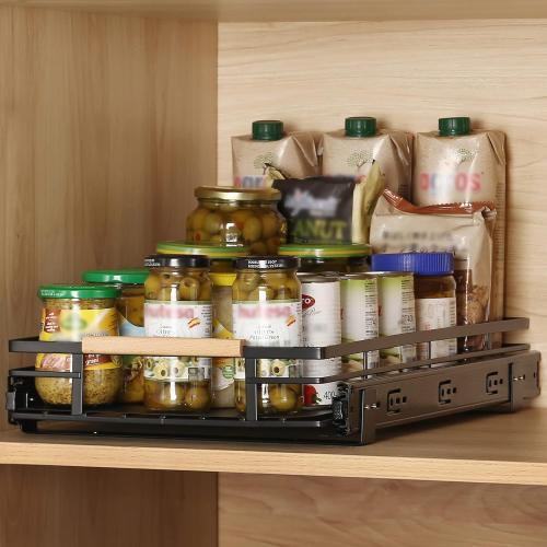 KES Pull Out Cabinet Organizer, 12 Wide Kitchen Bathroom Cabinet Drawer Heavy Duty Under Cabinet Slide Out Organizer Storage Shelves, Wooden Handle with Soft Close Black, KPO501W30D53-BK