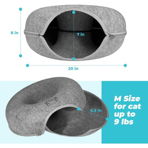 Peekaboo Cat Cave, Cat Tunnel Bed, Premium Cave Donut Tunnel Bed Set with Pet Brushes Bath Massage, Donut Design - Ideal Houses for Indoor by PALIGU & CO (Grey, Medium)