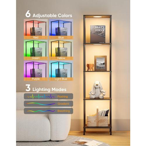 Display Shelf with RGBW Light, Color Changing Curio Cabinet Floor Lamp with Shelves Corner Standing Column Lamp Etagere Organizer Tower Nightstand Bookcase for Living Room Bedroom Office Décor Black