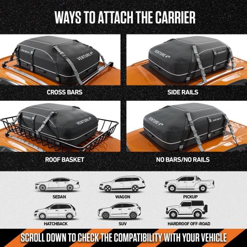 Color Black VENTURE 4TH Rooftop Cargo Carrier -  Waterproof Car Roof Cargo Bag with Tie-Down & Compression Straps, Fits Most Vehicles with or Without Roof Racks, Sidebars & Crossbars
