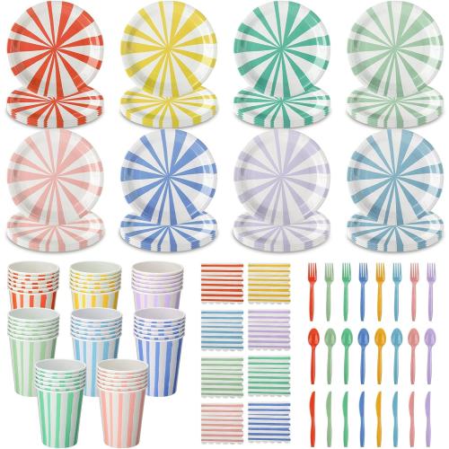 Meanplan 288 Pcs Pastel Striped Party Supplies Include 9 Inch Stripe Paper Plate Cups Paper Napkins Colorful Disposable Tableware Striped Pastel Rainbow Dinnerware Set for Baby Shower Birthday Wedding