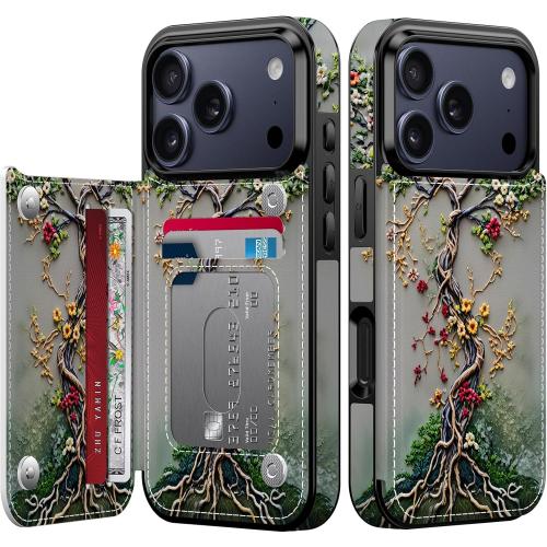 FUNMIKO for iPhone 17 Pro Max Wallet Case with Card Holder   Cash Clip, RFID-Blocking, Military-Grade Drop Protection & UV-Printed Artwork, Magnetic Closure with Kickstand - Blooming Tree of Life