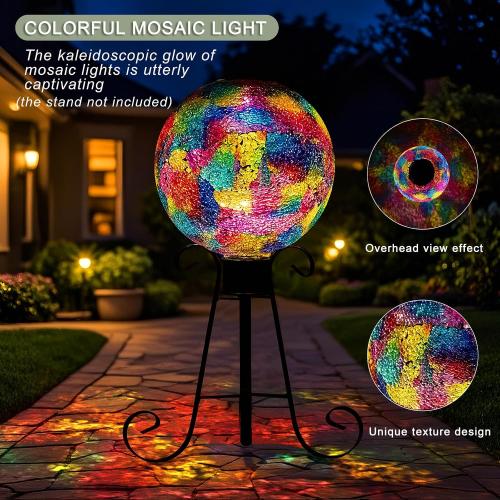 VOREEN 10 Mosaic Solar Gazing Ball, Colorful Crackle Glass Globe with Solar Light, Handmade Outdoor Garden Decor Sphere, IP45 Waterproof Patio Lawn Yard Ornament, Idea