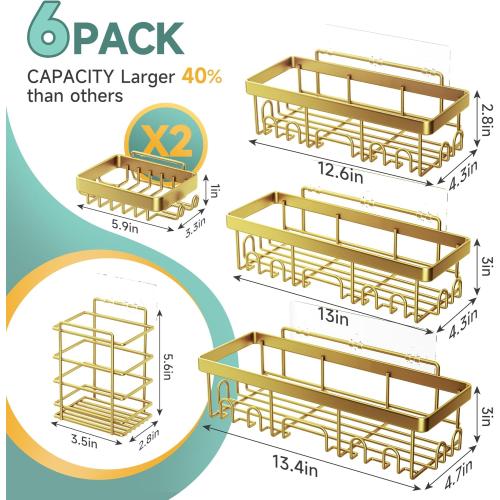 Veken Adhesive Shower Caddy 6-Pack,Gifts for Women Mom,Heavy Weight Bearing,Large Wall Mounted Bathroom Shelves Rack,Organizer Storage Accessories with Soap Dish&Toothbrush Holder,Bright Gold