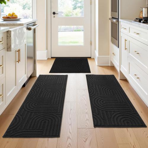 Kitchen Rugs and Mats Set of 3, Non Skid Washable Black Geometric Kitchen Mats for Floor, Absorbent and Stain Resistant Floor Mat for Laundry,