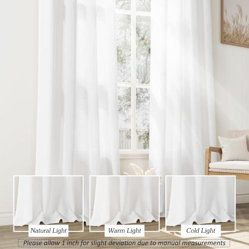 White Linen Curtains 90 Inch Length 2 Panels for Living Room Bedroom, Light Filtering Sheer Curtains 90 Inches, Elegant Modern Grommet Semi Sheer Soft Privacy Drapes