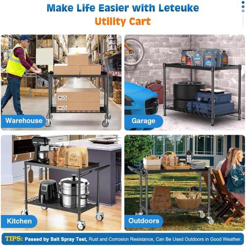 Leteuke 2 Tier Utility Cart with Wheels, NSF Certified 900LBS Capacity Heavy Duty Rolling Utility Carts with Handle Bar, Commercial Grade Metal Serving Storage Cart for Warehouse Garage Kitchen, Black