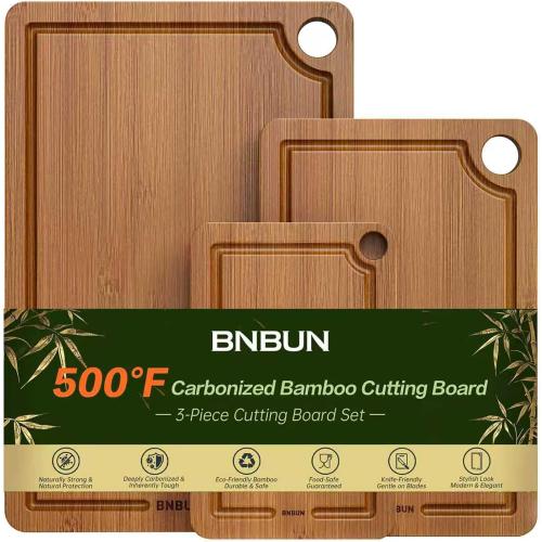 Bamboo Cutting Board for Kitchen, 3-Piece Set with Juice Grooves, Side Handles & Non-Slip Mats – Durable Bamboo Chopping Board for Meat, Vegetables and Fruits