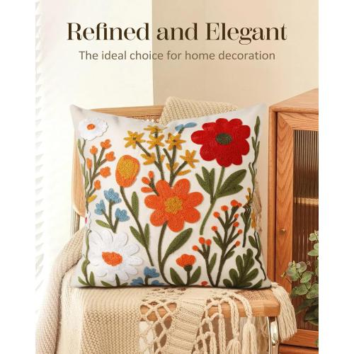 Embroidered Throw Pillow Cover 18x18 Inch - Spring Summer Boho Decorative Pillow Cover with Zipper for Living Room Couch Sofa Bed Aesthetic Design Flower Cluster Cushion Pillowcase