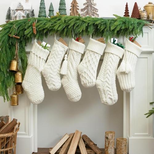 steo spce 6 Pack Vintage Knit Christmas Stockings – White Beige Apricot Rustic Boho Farmhouse Cable Knitted Holiday Set