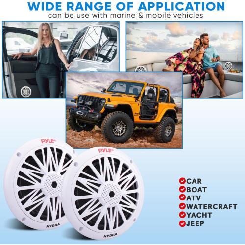 Pyle 6.5 Inch Dual Marine Speakers - 2 Way Waterproof and Weather Resistant Outdoor Audio Stereo Sound System with 200 Watt Power, Poly Carbon Cone and Butyl Rubber Surround - 1 Pair (White)