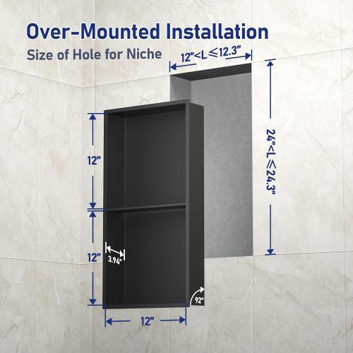 Stainless Steel Shower Niche Matte Black 24 X 12 W/ 2-Tier Shelf | Recessed shower niche no tile needed,space-saving,vertical niche, built in bathroom niche shower for shampoo & soap storage