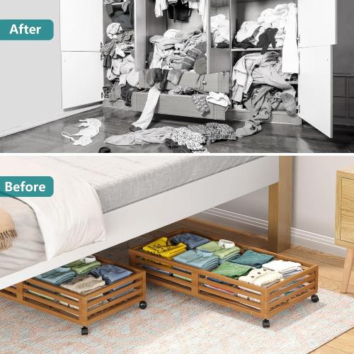 Bamboo Under Bed Storage Containers- Underbed Organizer with Wheels with Large Capacity Dust Bag,Sturdy Wood Rolling Under Bed Shoe Storage Organizer Drawer 2 Packs (Walnut, Long)