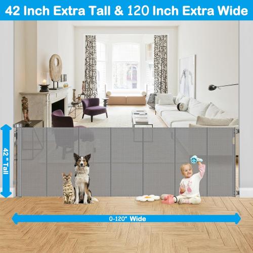 Reinforced 42 Extra Tall X 120 Extra Wide Retractable Dog Gate for Doorways Wide Pet Gate Indoor Prevent Kid/Pet Jumping Over Tall Retractable Baby Gates for Dogs Outdoor Dog Gates for Doorways,Gray