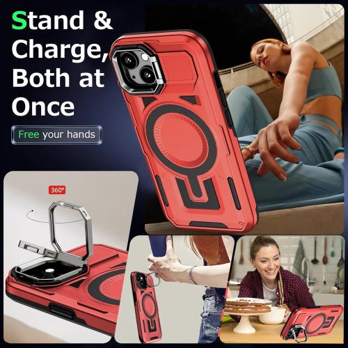 for iPhone 15 Case Compatible with MagSafe, Built-in Camera Ring Stand, 23 FT Military-Grade Drop Protection Magnetic Cover for iPhone 15 6.1'', Red