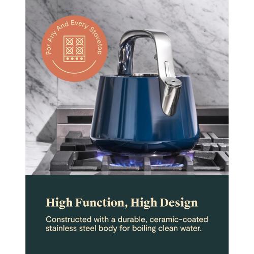 Caraway 2 Quart Whistling Tea Kettle - Durable Stainless Steel Tea Pot - Fast Boiling, Stovetop Agnostic - Non-Toxic, PTFE & PFOA Free - Includes Pot Holder - Mist