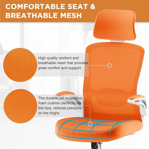 Mimoglad Office Chair, High Back Ergonomic Desk Chair with Adjustable Lumbar Support and Headrest, Swivel Task Chair with flip-up Armrests for Guitar Playing (Modern, Orange)