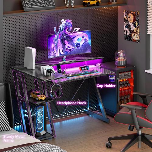40 Inch Gaming Desk with Power Outlet & LED Lights, L Shaped Computer Gaming Table with 3 Tiers Storage Shelves, Corner Gamer Desk with Monitor Stand for Small Space, Carbon Fiber Black