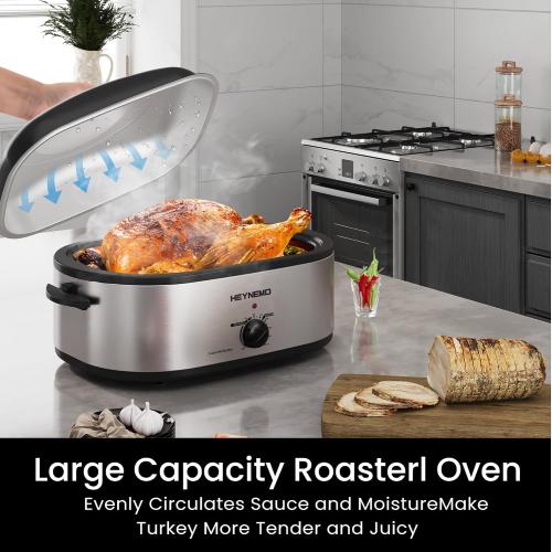 Large Roaster Oven with Self-Basting Lid, Electric Turkey Roaster Oven with Defrost & Warm Function, Adjustable Temperature, Removable Pan Rack, Stainless Steel, Silver