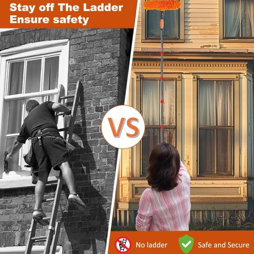 Orange 20  Feet High Reach Duster Kit with 3-14 ft Extension Pole // High Ceiling Dusting and Window Cleaning Kit with Spliceable Pole - Window Washer & Squeegee, Cobweb Duster, Fan Blade and Feather Dusters