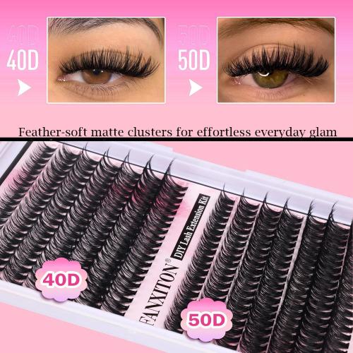 FANXITON DIY Lash Extension Kit Volume Lash Clusters 40D 50D D Curvature Individual Lashes Lash Clusters Kit Thick Eyelash Extension Kit 280 pcs Thin Band Cluster Lashes Lash Bond and Seal Tweezers