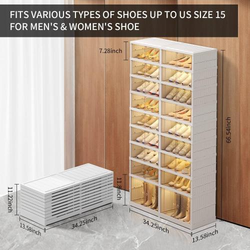 White 9-Tier Foldable Shoe Rack Organizer for Closet,36Pairs Collapsible Plastic Shoe Shelf,Large Shoes Cabinet with Door,Clear Stackable Storage Box Easy Assembly