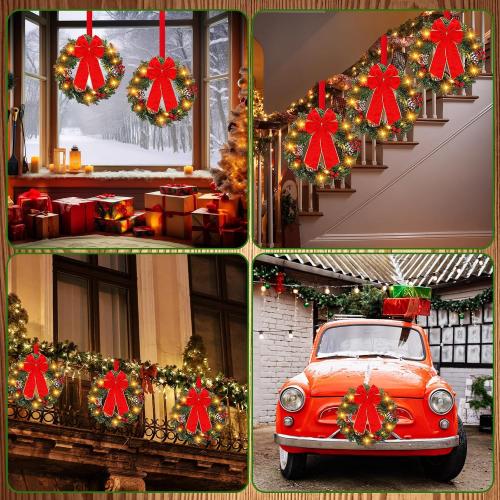 Ceenna Set of 6 Prelit Lighted Christmas Wreath 15 Inch Prelit Christmas Wreath with Large Buffalo Bow Battery Operated with 8 Modes Timer Remote Holiday Indoor Outdoor Decor(Retro)
