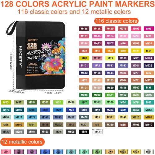 NICETY 128 Acrylic Paint Markers, Dual Tip Brush Paint Pens for Rock Painting, Wood, Glass, Stone, Canvas, Ceramic, Fabric - Fine & Brush Tip Water Based Acrylic Markers Pens