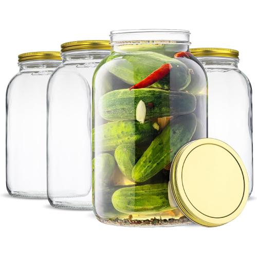 kitchentoolz 1 Gallon Glass Large Mason Jar Wide Mouth with Metal Airtight Lids (4 Pack) - Fermentation Kombucha Kefir Kimchi - Storing Canning Pickling Containers -Gold Lids