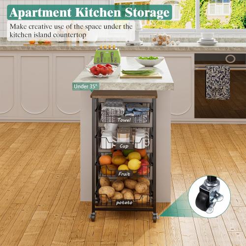 5-Tier Vegetable Fruit Basket Kitchen Storage Rolling Cart on Wheels with Pull-Out Baskets and Wood Top for Kitchen Diningroom Pantry