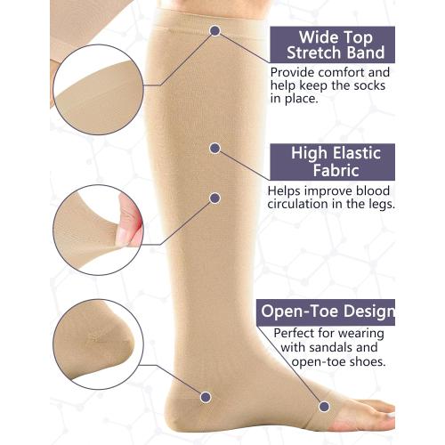 MD 2 Pairs 20-30 mmHg Medical Compression Socks for Women & Men, Knee High Open Toe Stockings, Circulation Support