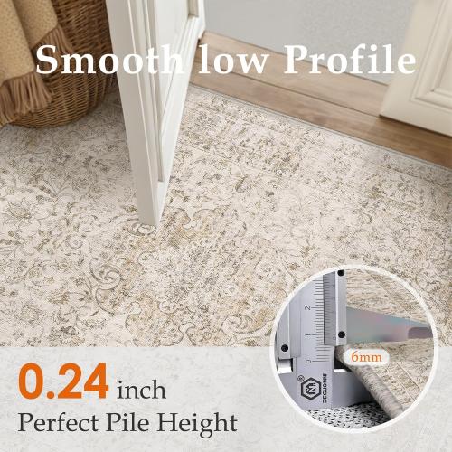 9x12 Beige Area Rug Vintage Living Room Bedroom Washable Carpet Non-Slip Soft Low Pile Distressed Indoor Large Throw Rug for Dining Room Office