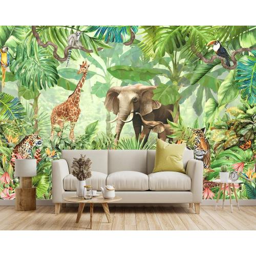 -Green Rainforest Plants Animals Tiger Cloth Wallpaper Jungle Plants Banana Leaves Boys Girls Kindergarten Children's Room Large Mural- 91x65（ not Peel and Stick）