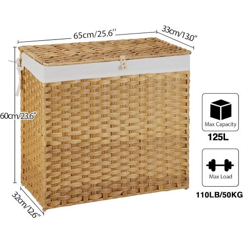 Greenstell Laundry Hamper with Lid, 125L Large Clothes Hamper with 3 Section & 2 Section Removable Liner Bags & 5 Mesh Laundry Bags, Handwoven Synthetic Rattan Divided Laundry Basket, Natural