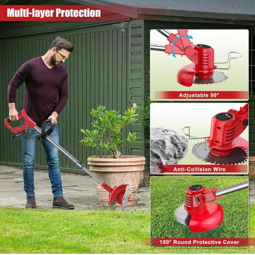 Weed Wacker 21V, Bamse Cordless String Trimmer with 2 Batteries 2.0Ah, 2 Types Metal Blades Powered Weed Eater, Pruning Shears, Adjustable Pole GrassTrimmer for Garden and Yard Lawn, Red