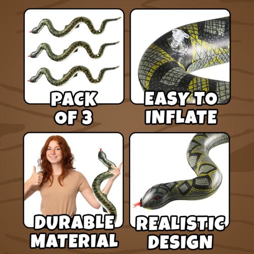 Inflatable Fake Snake Toys (3 Pack) - 39 Inch Blow Up Snakes for Pool Floats, Jungle Party, Rainforest, Reptile & Safari Theme, Inflatable Animal Party Decorations & Supplies