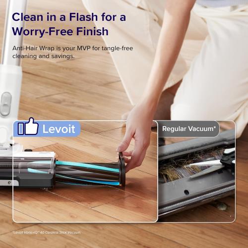 LEVOIT Cordless Stick Vacuum, Anti-Tangle, LED Headlights, Removable Battery, Self-Standing, Strong Suction, for Pet Hair, Hard Floor, Carpet, LVAC-200 White&Blue