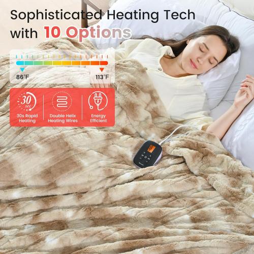 Sunable Heated Electric Blanket - Machine Washable Blanket with Time Settings 10 Heat Settings Full Size 77×84 inches Beige - Faux Fur