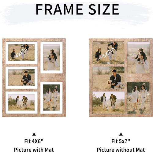 4x6 or 5x7 Picture Frames, Rustic Brown Wooden Frame with Real Glass, Displays Pictures Five 4x6 with Mat or 5Pcs 5x7 without Mat for Wall Mounting, Photo Collage Frame