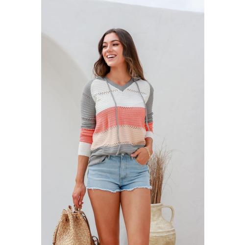 Size Small Color Striped BLENCOT Women Color Block Hooded Crochet Striped Sweaters Lightweight Drawstring Hoodies Pullover Trendy Sweatshirts