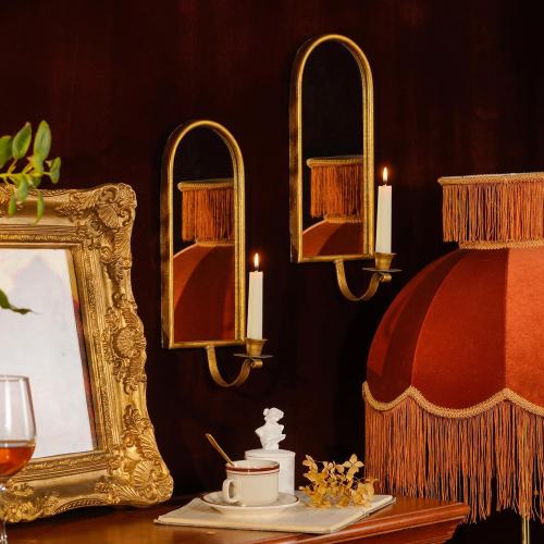 NIKKY HOME Gold Wall Candle Sconces Set of 2, Antique Mirrored Wall Taper Candle Holder - Vintage Elegant Metal Hanging Candlestick for Living Room, Bathroom, Dining Room and Office