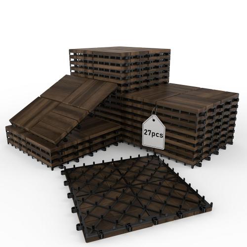 Acacia Wood Interlocking Deck Tiles, 12'' x12'' Outdoor Flooring for Balcony Decor, Backyard Paths & Garden Areas, Waterproof Wood Flooring Stable & Durable (27Pcs)