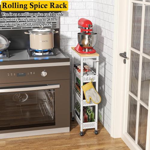 Utility Slim Storage Cart, 4 Tier Small Rolling Kitchen Laundry Room Cart with Wood Top, Metal Narrow Bathroom Storage Cabinet Mobile Shelf Unit Organizer Trolley with Handle for Narrow Space