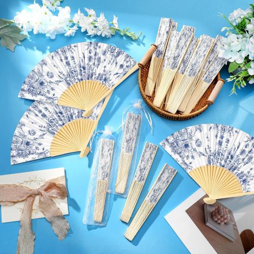 25 Sets Blue Floral Hand Folding Fans with Organza Bags Bulk Blue Flower Wedding Favors for Guests Vintage Foldable Paper Fans for Bridal Shower Wedding Bridesmaid Thank You Gift Decorations