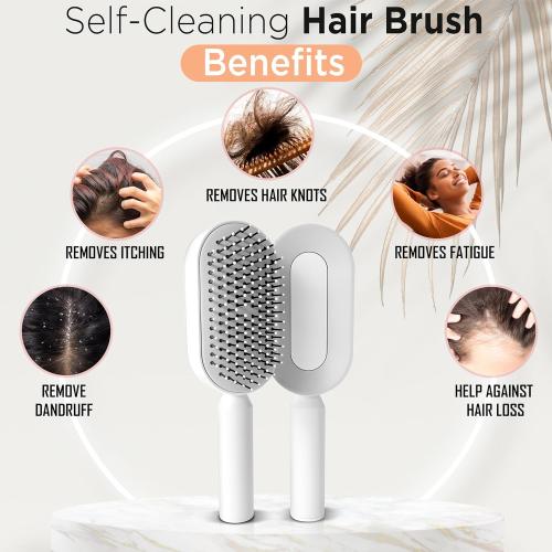 White Self-Cleaning Hair Brush, 3D Air Cushion Design, Detangling Paddle Brush with Holder, All Hair Type (WHITE)