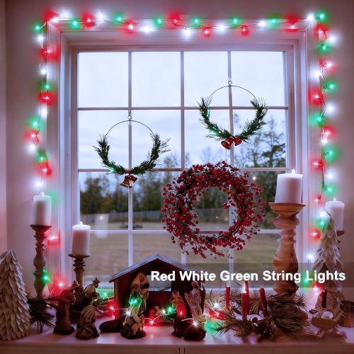 Red White Green Christmas String Lights Battery Operated, 2 Pack 100 LED String Lights 33Ft with Timer 8 Modes Outdoor Indoor Novelty Lights for Home Xmas Tree Garland Holiday Decor